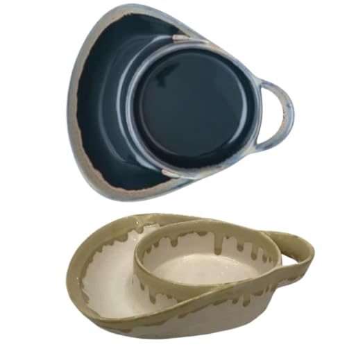 chip and dip plate,muticolor,Divided plate with Handle,Ceramic,Breakfast bowl,Oval,for salad,soup and sandwich plate combo, modern,for bread cracker, for Home and Restaurant, (blue+red)