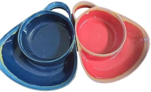 chip and dip plate,muticolor,Divided plate with Handle,Ceramic,Breakfast bowl,Oval,for salad,soup and sandwich plate combo, modern,for bread cracker, for Home and Restaurant, (blue+red)
