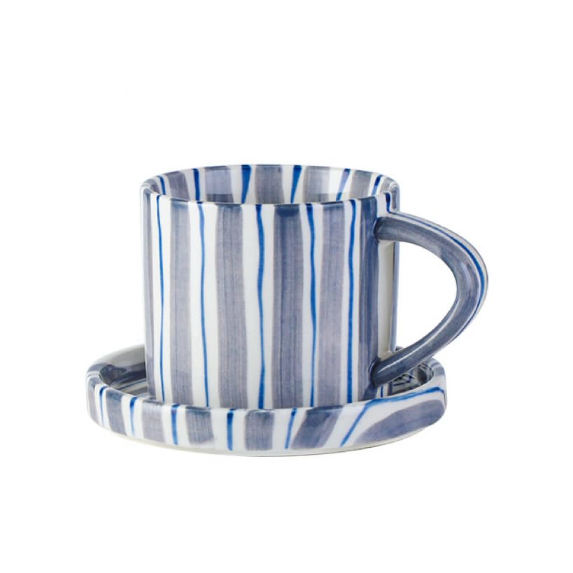 Small 8oz Stylish Handmade Striped Coffee Mug Espresso Cups With Saucer, Hand painted Esthetical Ceramic Cappuccino Mugs, Glazed Tea/Coffee Cup, Microwave safe tea cup with handle (Black)