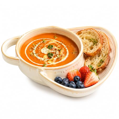 Soup and Sandwich Bowl, New Soup and Sandwich Plate Combo, Soups and Bread Bowl Combo for Breakfast Cookies Bread Salad Fruits (White)