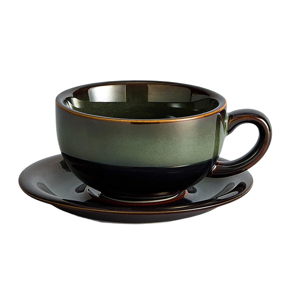 Coffeezone Vintage Design 12 oz Ceramic Latte Art Cappuccino Barista Cup with Saucer (Brown)