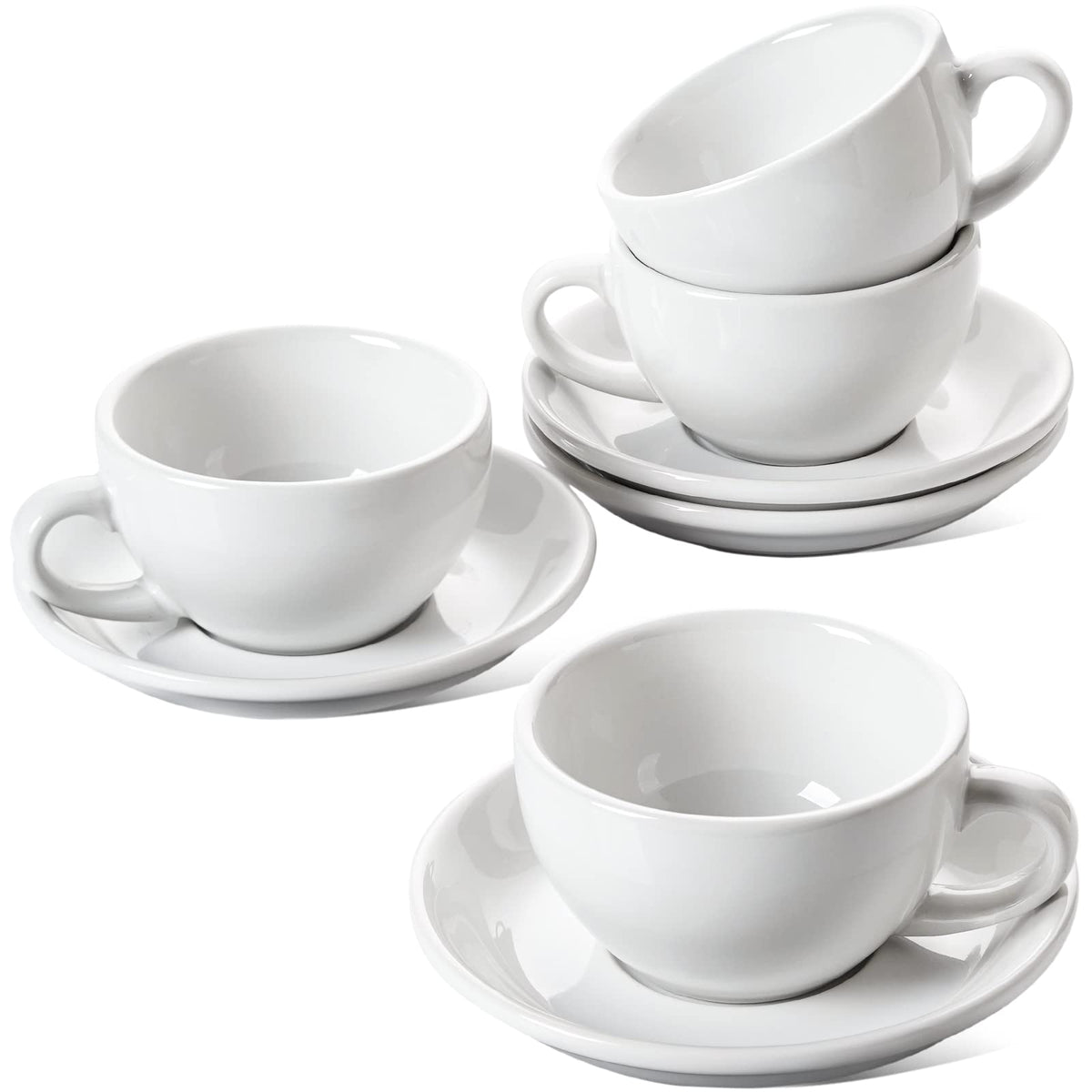 LE TAUCI 6 oz Cappuccino Cups with Saucers, Set of 4 Ceramic Coffee Cup and Saucer Set for Latte, Au Lait, Flat White, Mocha, Tea, Embossed Coffee Cups, Ceylon Blue