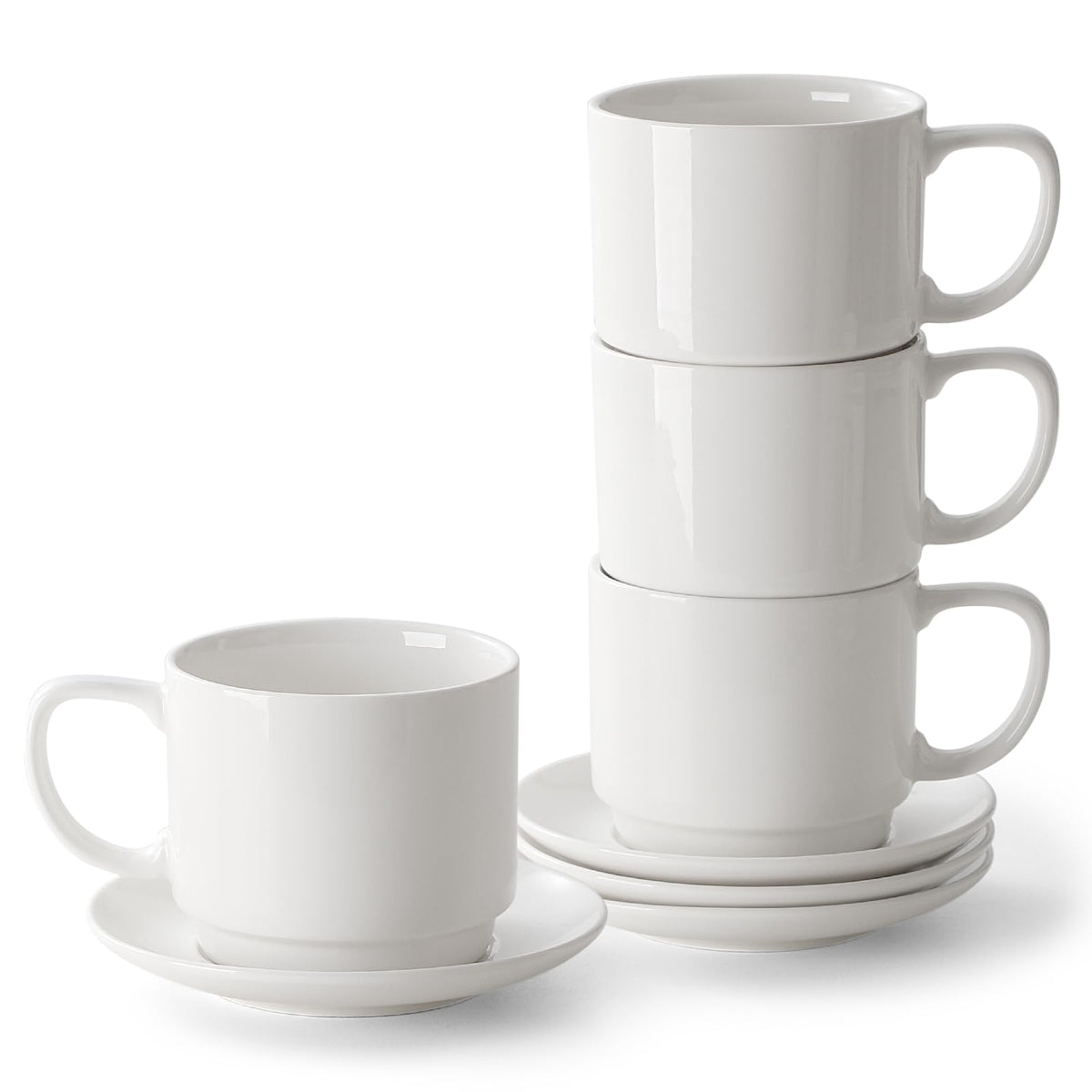 DOWAN 2.5 OZ Stackable Espresso Cups, Porcelain Coffee Cups with Saucers Set of 4, White Espresso Shot Cup, Tea Cups for Home, Office and Cafe Use