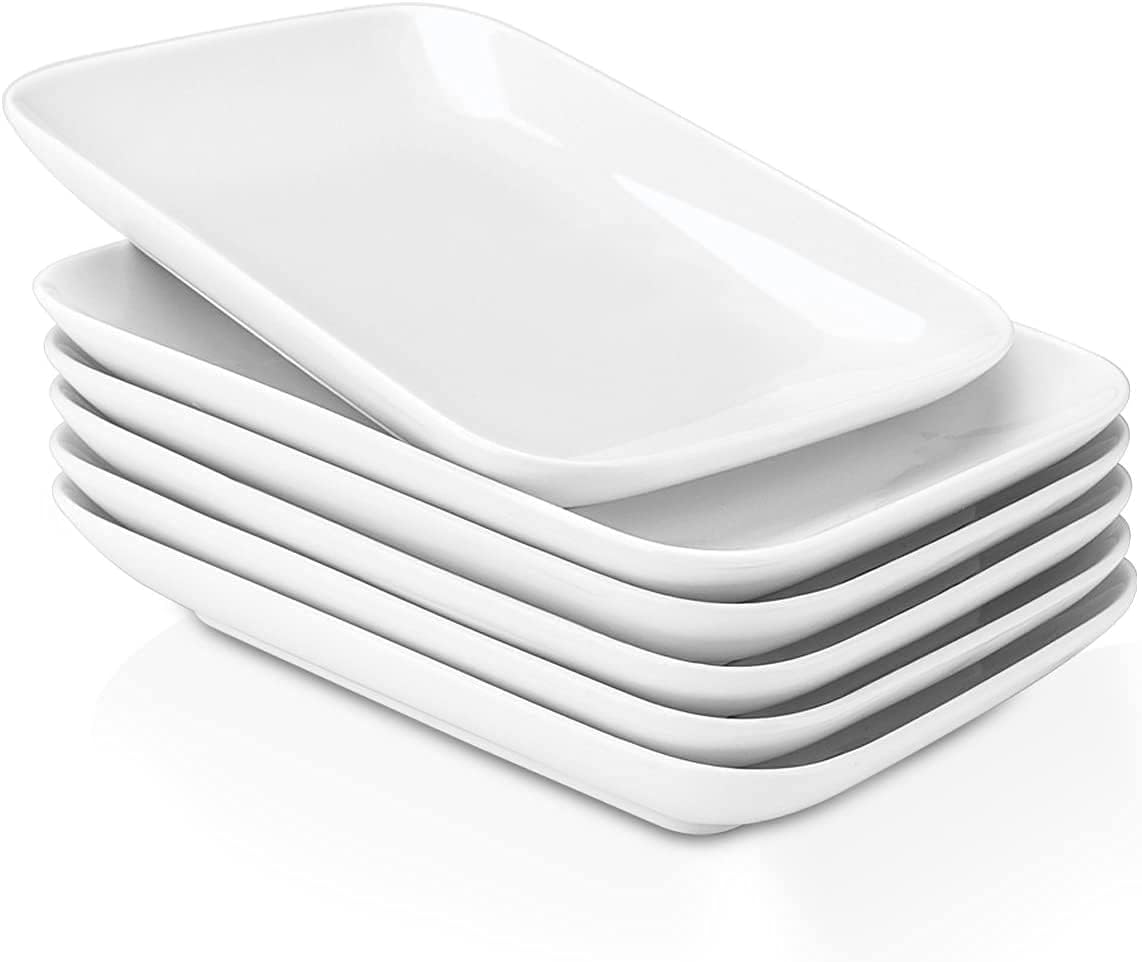 DELLING 8 Inch Rectangular Appetizer Plates Set of 6, Porcelain Salad Dessert Plates White, Small Serving Plates for Sushi Snack, Microwave Oven Dishwasher Safe, Stackable Ceramic Plates