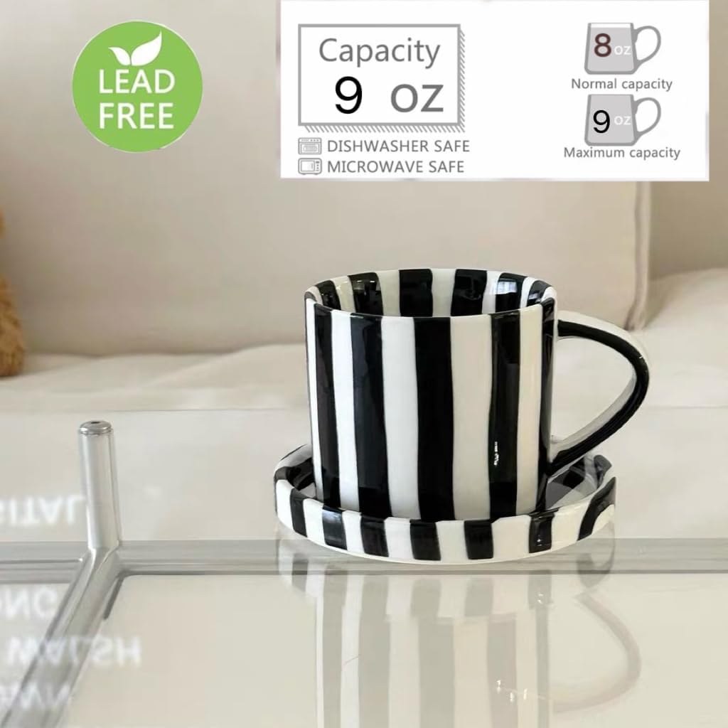 Small 8oz Stylish Handmade Striped Coffee Mug Espresso Cups With Saucer, Hand painted Esthetical Ceramic Cappuccino Mugs, Glazed Tea/Coffee Cup, Microwave safe tea cup with handle (Black)