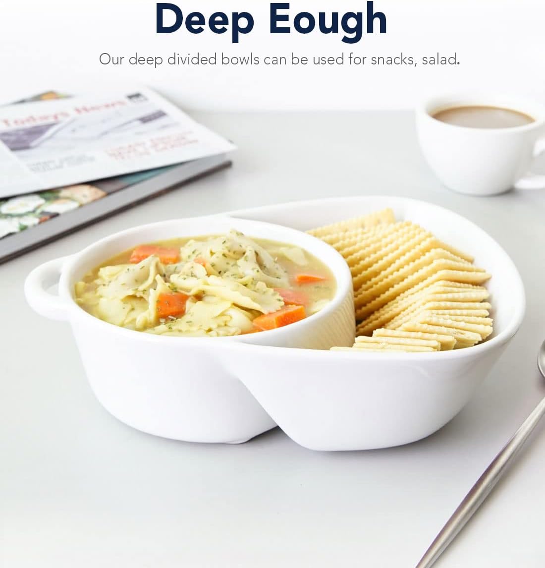 LE TAUCI Chip and Dip Bowls, Anti-Soggy Cereal Bowl, Soup and Side/Cracker Bowls Sets for Breakfast, Soup and Sandwich, Bread Dipping Bowls, Set of 2, White