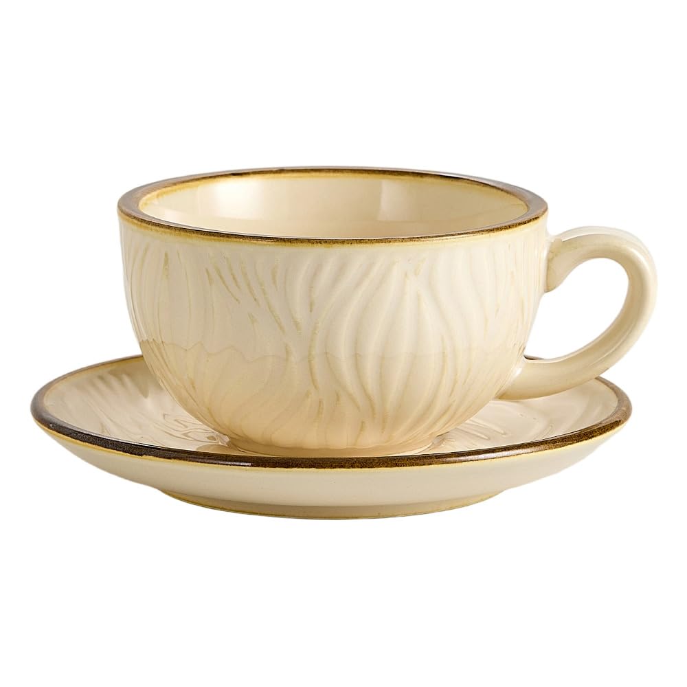 Coffeezone Vintage Design 12 oz Ceramic Latte Art Cappuccino Barista Cup with Saucer (Brown)