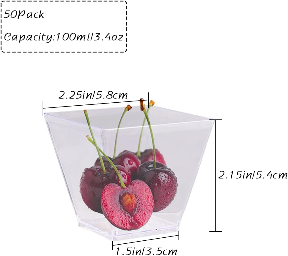 Jizvxe 50 Pack 3.5 Oz Square Dessert Cups,Plastic Clear Dessert Cups,Disposable Tasting Cups Great for Desserts,Appetizers,Mousse