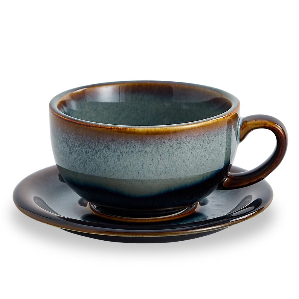 Coffeezone Vintage Design 12 oz Ceramic Latte Art Cappuccino Barista Cup with Saucer (Brown)