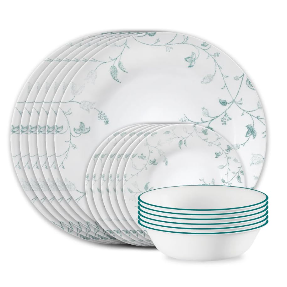 Corelle Vitrelle 18-Piece Service for 6 Dinnerware Set, Triple Layer Glass and Chip Resistant, Lightweight Round Plates and Bowls Set, Portofino
