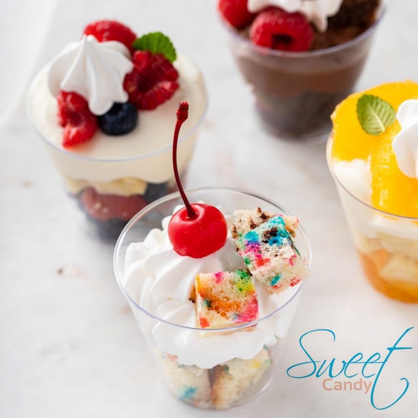 50 Pack 5 oz Plastic Dessert Cups with Spoons, Mini Mousse Cup Round Pudding Cups Party Serving Bowl for Cocktails Appetizers Fruit Parfait and Trifle