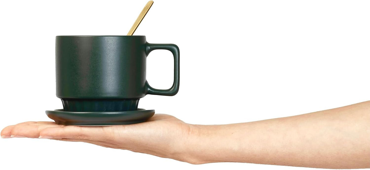 Coffee Mug Set of 4-11.5 Oz Porcelain Stackable Coffee Mugs with Saucers, Spoons & Metal Stand - Ceramic Tea Cups with Rack - Dishwasher & Microwave Safe