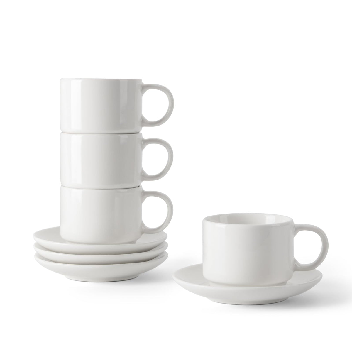 DOWAN 12oz Coffee Mugs, Cappuccino Cup and Saucer Set of 4, White Ceramic Coffee Cups for Latte/Tea/Milk, Tea Cups for Use in Office, Home and Cafes, Microwave Safe