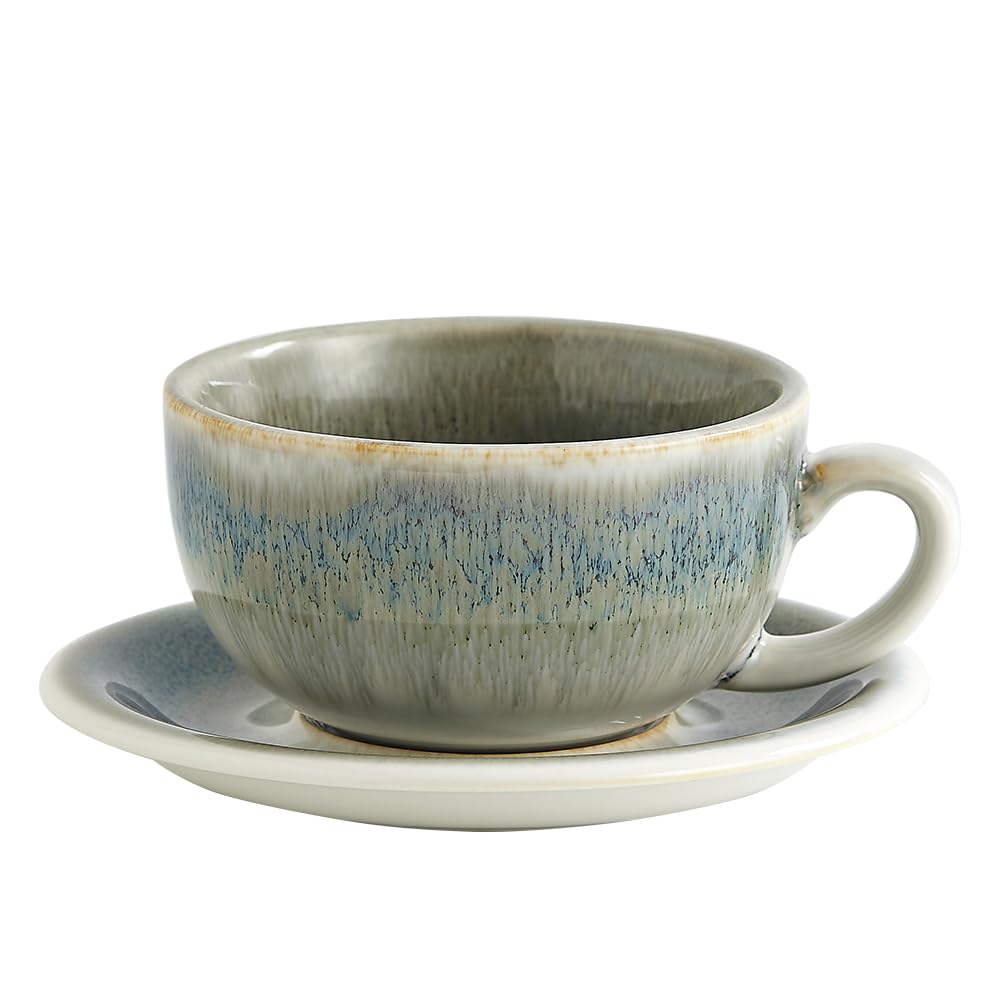 Coffeezone Vintage Design 12 oz Ceramic Latte Art Cappuccino Barista Cup with Saucer (Brown)