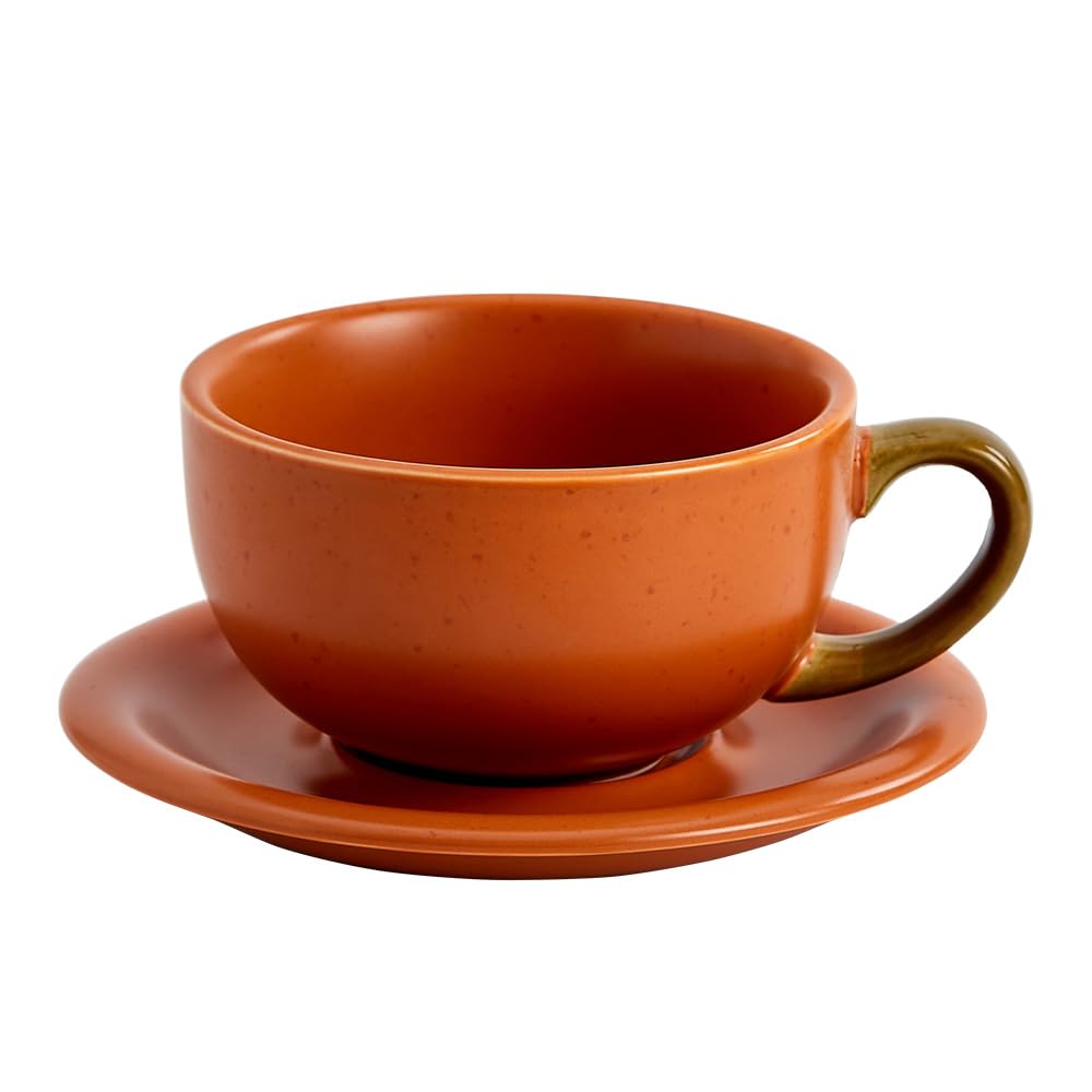 Coffeezone Vintage Design 12 oz Ceramic Latte Art Cappuccino Barista Cup with Saucer (Brown)
