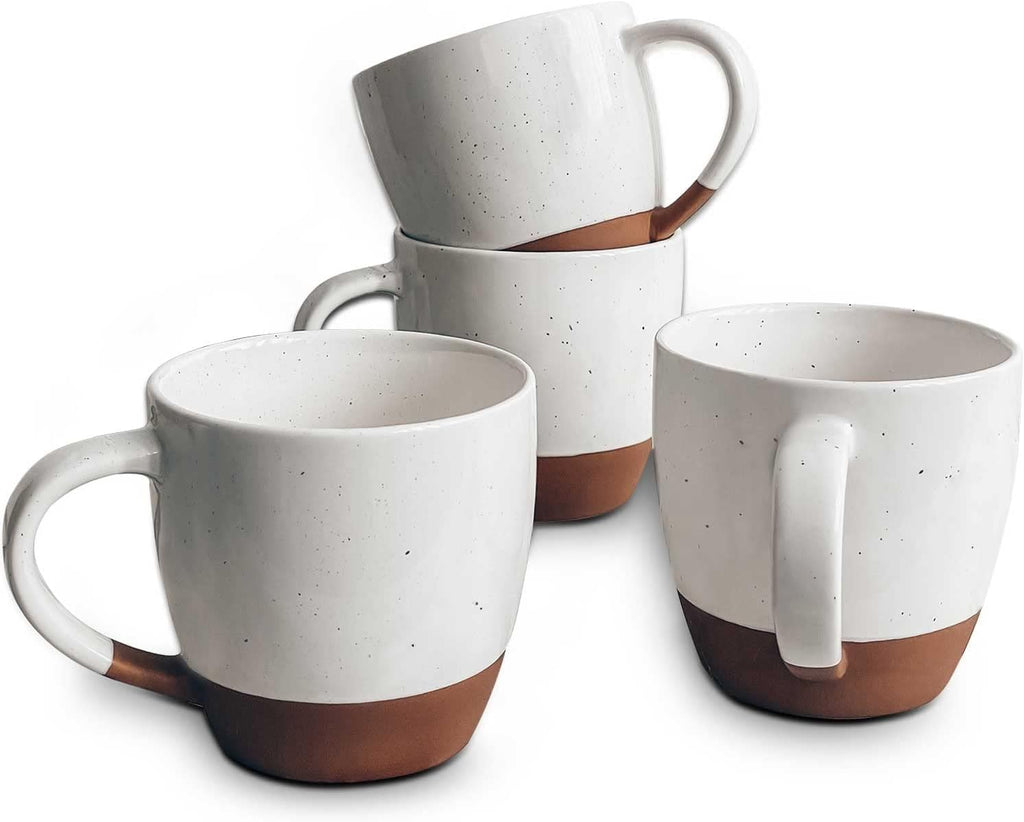 MORA Ceramic Large Latte Mug Set of 4, 16oz - Microwavable, Porcelain Coffee Cups With Big Handle - Modern, Boho, Unique Style For Any Kitchen. Microwave Safe Stoneware - Vanilla White