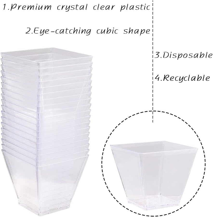 Jizvxe 50 Pack 3.5 Oz Square Dessert Cups,Plastic Clear Dessert Cups,Disposable Tasting Cups Great for Desserts,Appetizers,Mousse