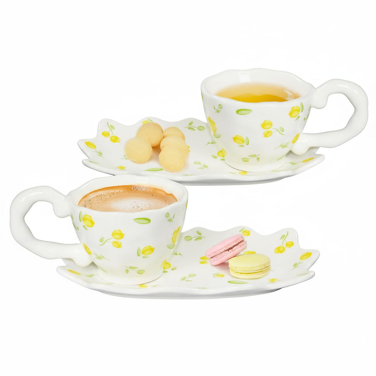 Unique Ceramic Tea Cup and Saucer Set, Coffee Mug, Cup and Saucer Set, Cute Fancy Women's Day Girly Afternoon Tea Set, 5.4 oz/160 ml Vintage Style, For Women and Tea Parties, Yellow flowers