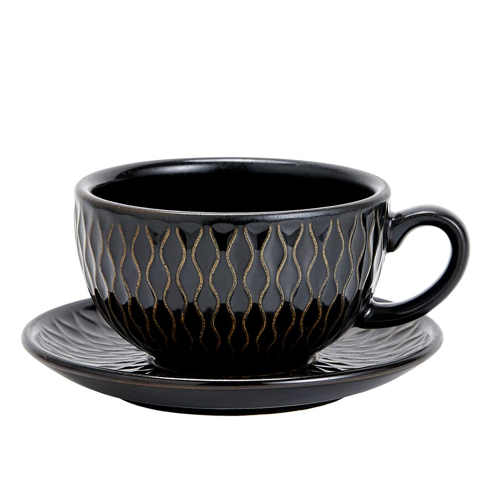 Coffeezone Vintage Design 12 oz Ceramic Latte Art Cappuccino Barista Cup with Saucer (Brown)