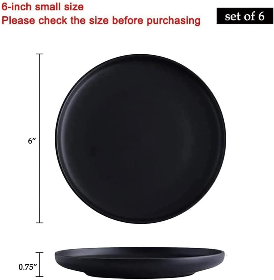 6 Inches Small Appetizer Plates Matte Porcelain, Elegant Mini Size Round Serving Plates for Dessert, Salad, Snacks, Set of 6 (Black)