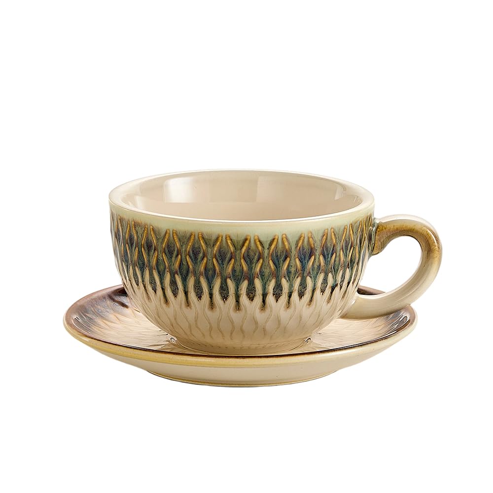 Coffeezone Vintage Design 12 oz Ceramic Latte Art Cappuccino Barista Cup with Saucer (Brown)
