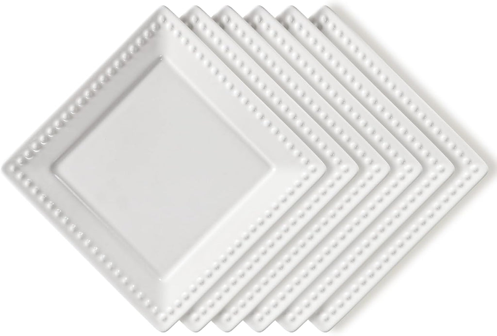 Embossed Ceramic Appetizer & Dessert Plates - Set of 6, 6 inch White Square Dinner Plates for Snack & Restaurant, Dishwasher & Microwave Safe