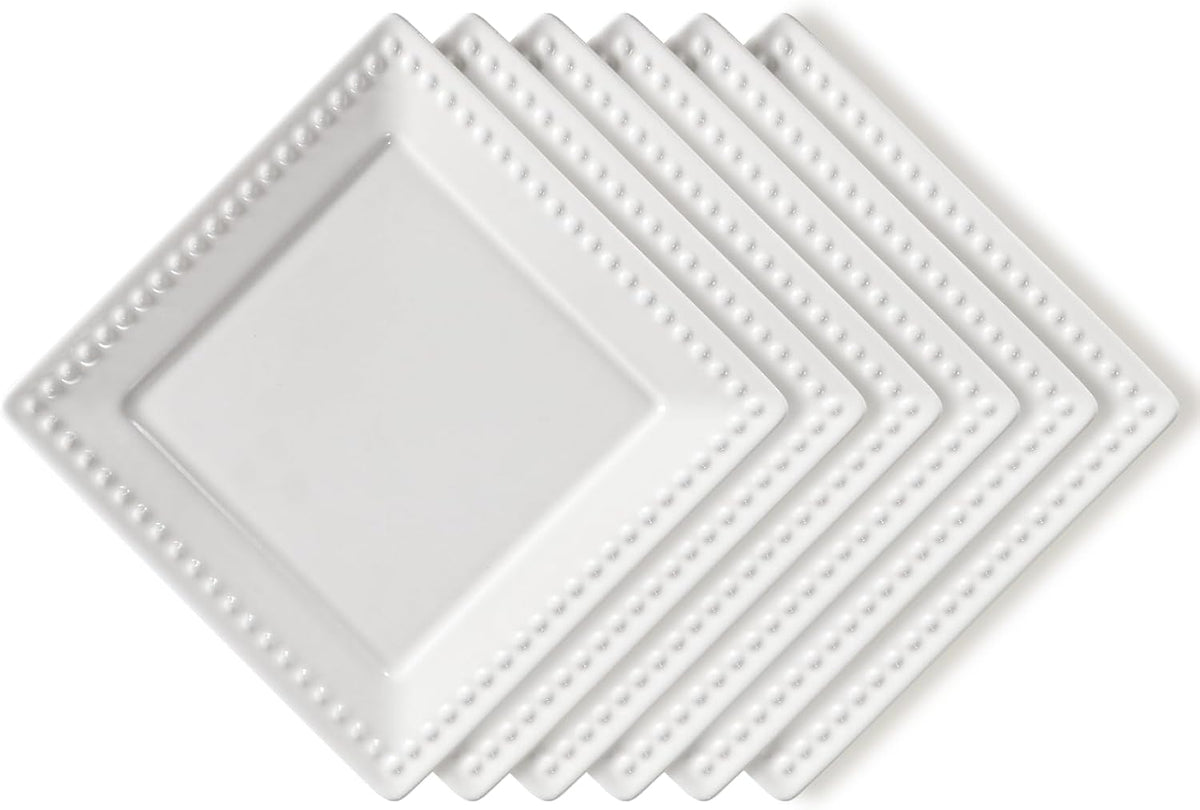 Embossed Ceramic Appetizer & Dessert Plates - Set of 6, 6 inch White Square Dinner Plates for Snack & Restaurant, Dishwasher & Microwave Safe