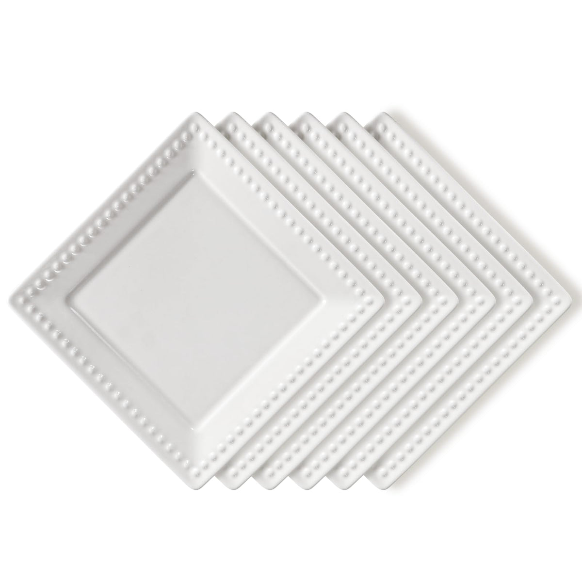 Embossed Ceramic Appetizer & Dessert Plates - Set of 6, 6 inch White Square Dinner Plates for Snack & Restaurant, Dishwasher & Microwave Safe