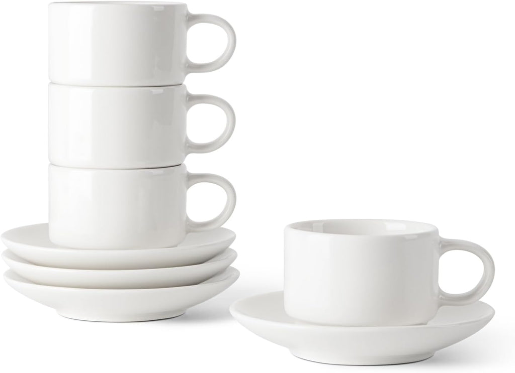 DOWAN 2.5 OZ Stackable Espresso Cups, Porcelain Coffee Cups with Saucers Set of 4, White Espresso Shot Cup, Tea Cups for Home, Office and Cafe Use