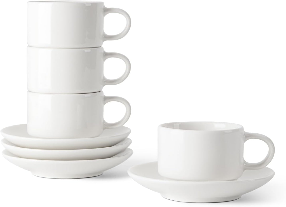 DOWAN 2.5 OZ Stackable Espresso Cups, Porcelain Coffee Cups with Saucers Set of 4, White Espresso Shot Cup, Tea Cups for Home, Office and Cafe Use