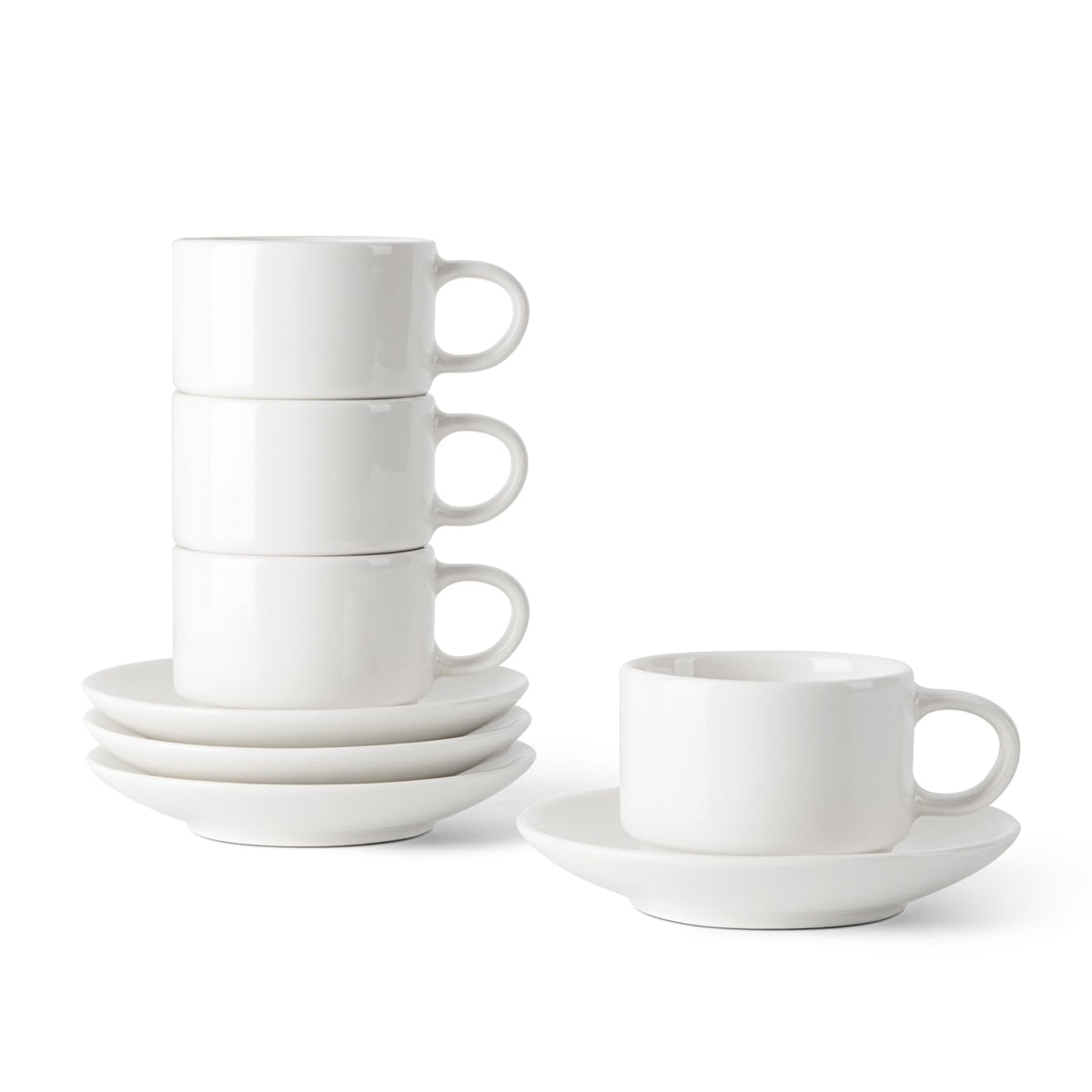 DOWAN 2.5 OZ Stackable Espresso Cups, Porcelain Coffee Cups with Saucers Set of 4, White Espresso Shot Cup, Tea Cups for Home, Office and Cafe Use