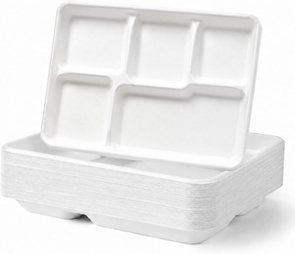 Large 5-Compartment Plate Disposable(12.5"x8.5"), 100 Plates, Disposable Paper Tray, Compostable Divided Dinner Plates, Paper Tray for Food and Party
