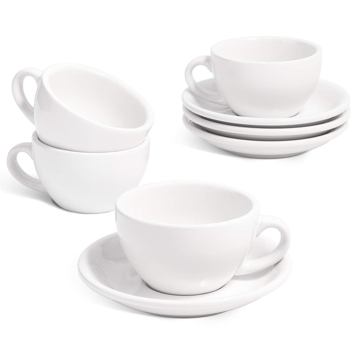 LE TAUCI 6 oz Cappuccino Cups with Saucers, Set of 4 Ceramic Coffee Cup and Saucer Set for Latte, Au Lait, Flat White, Mocha, Tea, Embossed Coffee Cups, Ceylon Blue