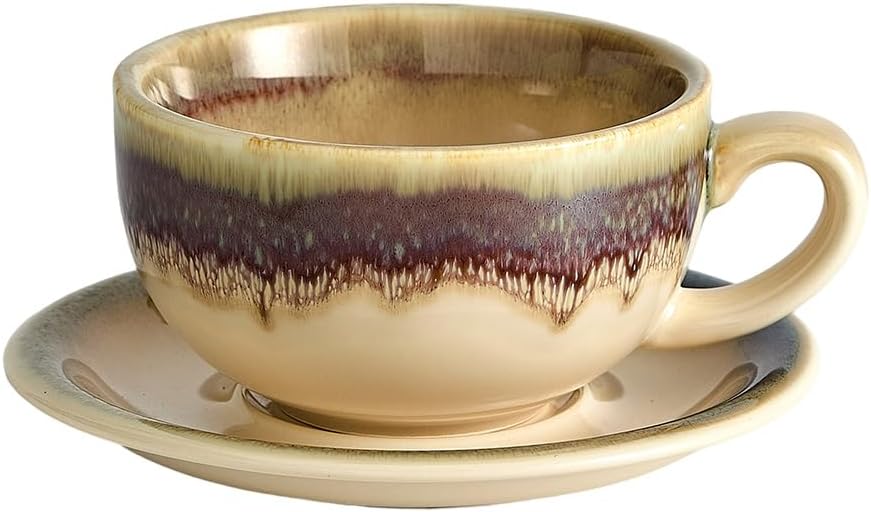 Coffeezone Vintage Design 12 oz Ceramic Latte Art Cappuccino Barista Cup with Saucer (Brown)