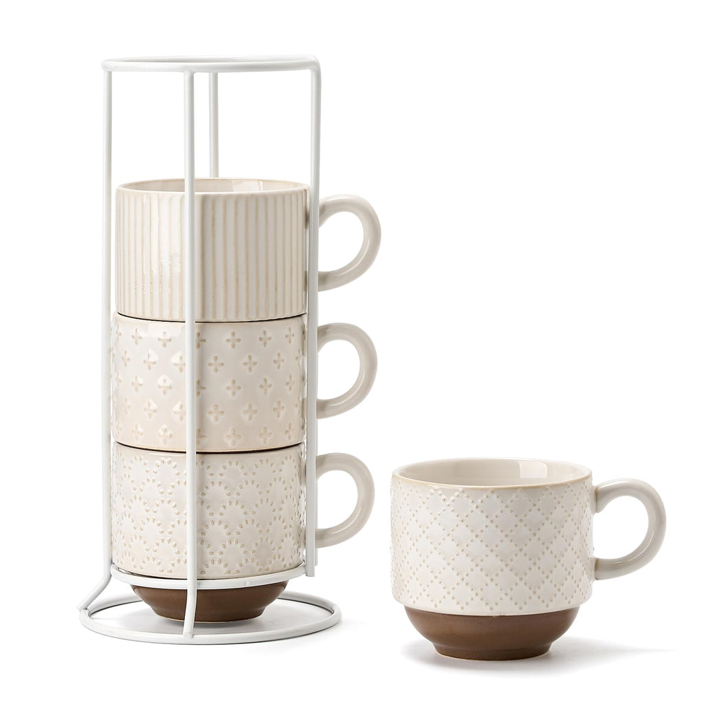 Large Ceramic Coffee Mug Set of 4 with Stand, 15 Oz Stackable Different Embossment Ribbed Latte Cup Set for Cappuccino, Tea, Hot Cocoa, Drinks - Dishwasher & Microwave Safe, Blue