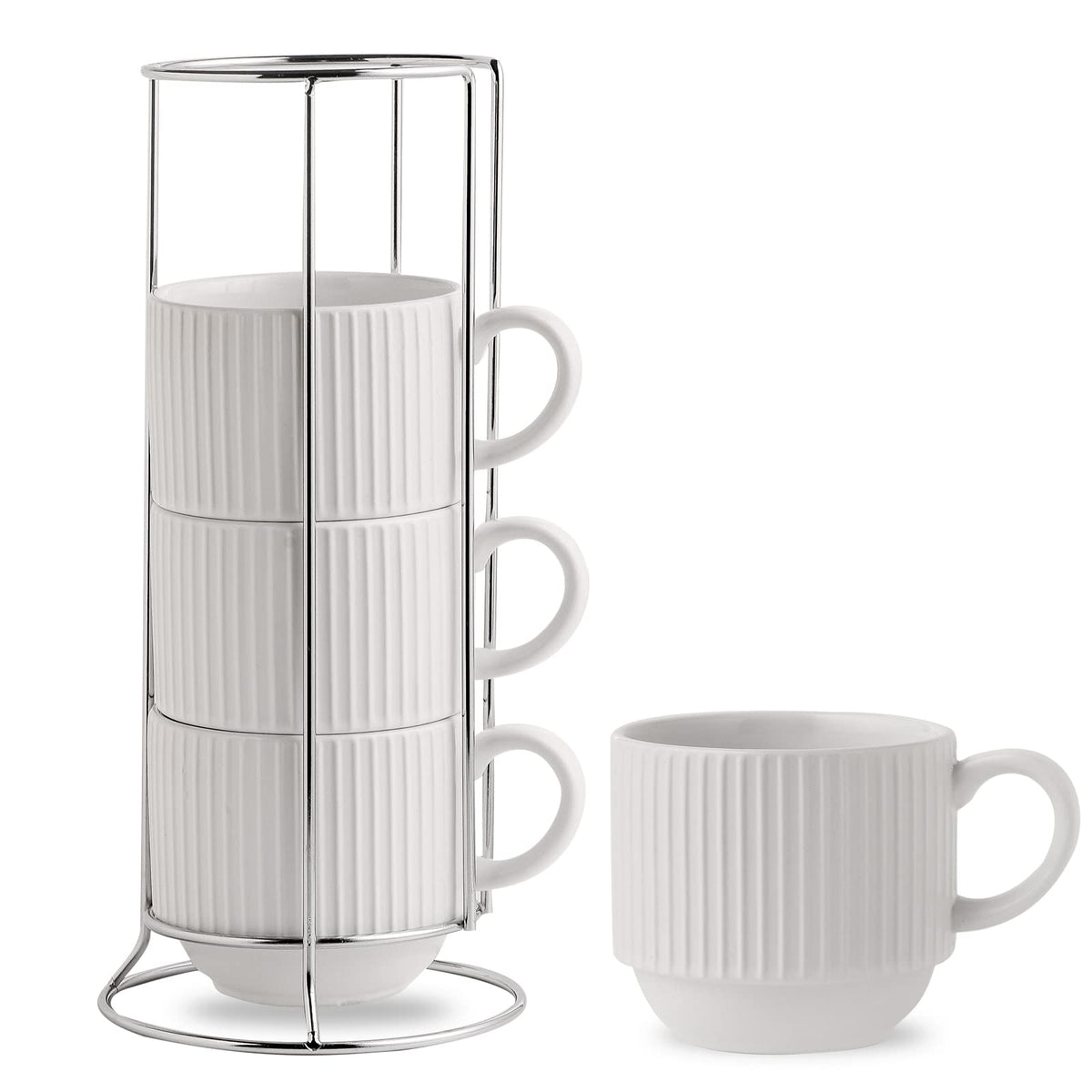 HASENSE Coffee Mug Ceramic Set of 4 with Stand, Stackable Large Latte Cups with Metal Stand, Dishwasher & Microwave Safe, Black for Cappuccino Tea Hot Cocoa