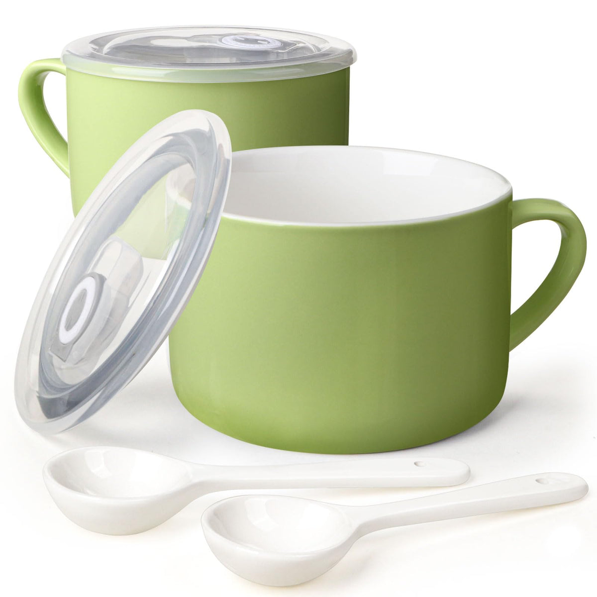Soup Bowls with Handles & Spoons, 30oz Ceramic Ramen Bowl with Lid, Large Soup Mugs/Cups for Instant Noodle, Big Cereal Bowls for Oatmeal, Soup Containers with Lids, Set of 2, Sky Blue
