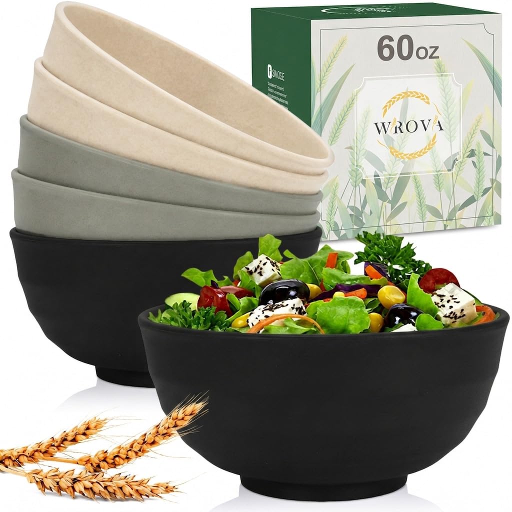 Wrova Wheat Straw Bowls Set 60 OZ Unbreakable Large Cereal Bowls Set of 6 Microwave and Dishwasher Safe Bowls Big Bowls for Camping and Picnic BPA Free Soup Bowl for Serving Oatmeal and Salad. Black