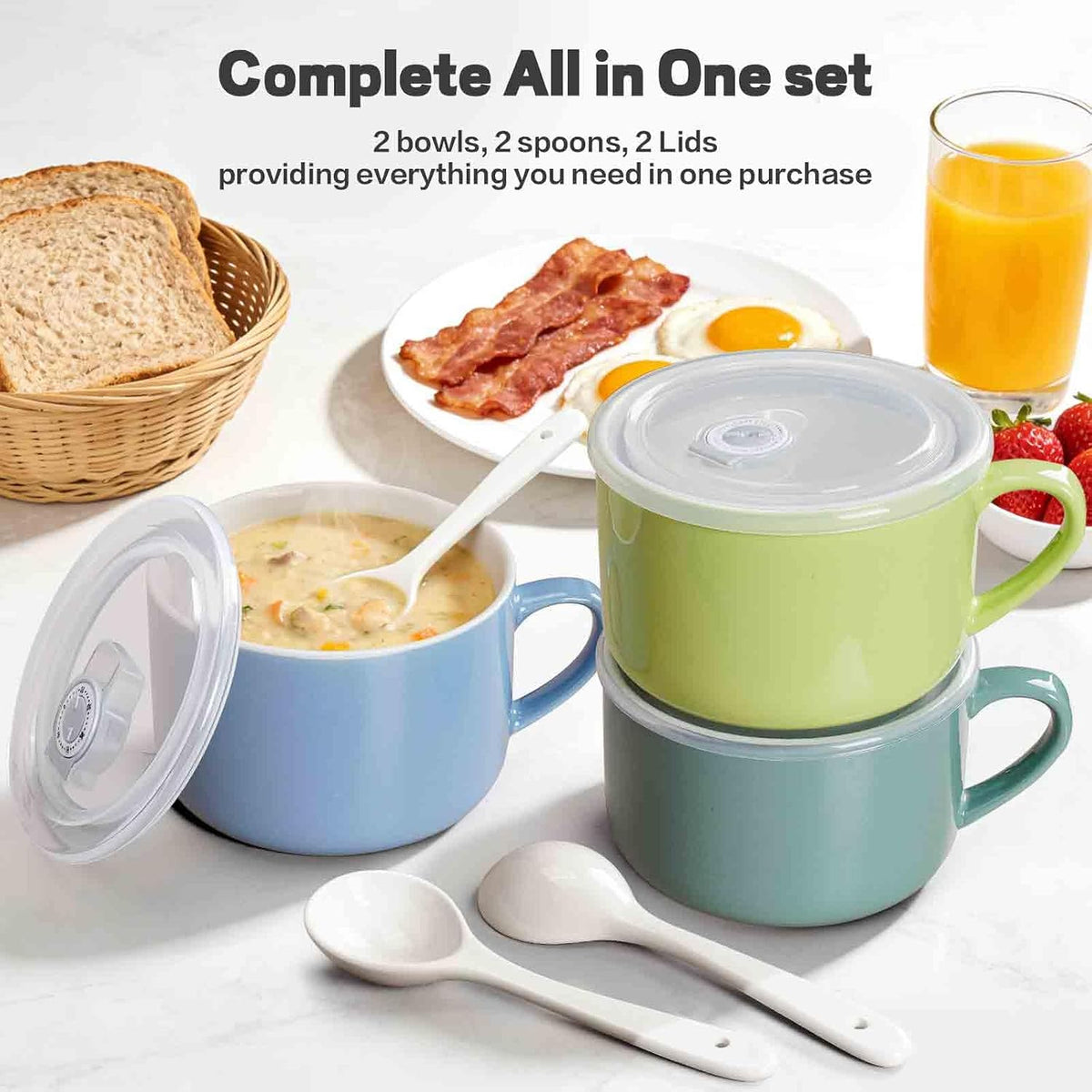 Soup Bowls with Handles & Spoons, 30oz Ceramic Ramen Bowl with Lid, Large Soup Mugs/Cups for Instant Noodle, Big Cereal Bowls for Oatmeal, Soup Containers with Lids, Set of 2, Sky Blue