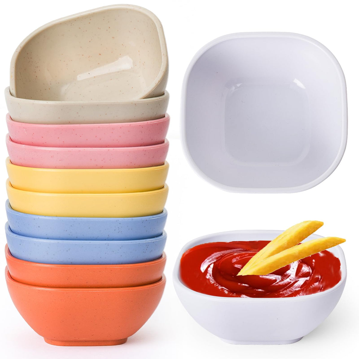 SHECIPIN 6 Pack Small Plastic Bowls 4.5 OZ Unbreakable Wheat Straw Dipping Bowls，plastic ramekins, Assorted Colors Dipping Sauce Cups, dip cups， Dessert, Ketchup