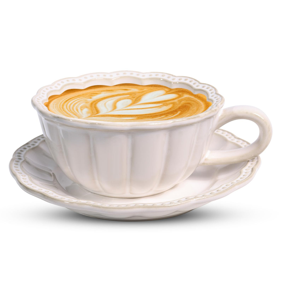Latte Cup with Saucer, 12 OZ Cappuccino Cup Vintage Cafe Art Cups for Espresso Turkish Coffee, Farmhouse Latte Mugs Tea Cups and Saucers Porcelain Set Christmas Gift