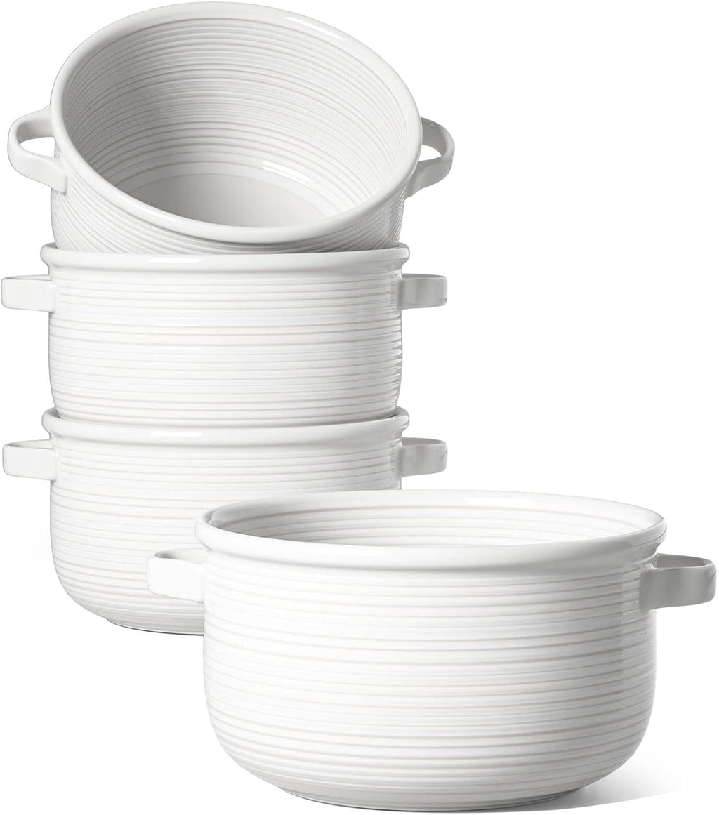 LE TAUCI French Onion Soup Bowls with Handles, 28 oz, Set of 4, White