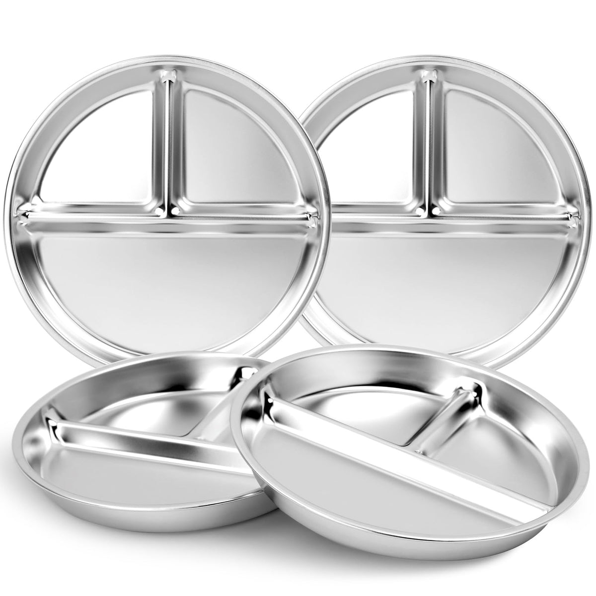 Bakpoco Stainless Steel Kids Plates Set of 4, 9" Portion Control Plates Divided Plate for Adults Toddlers Balance Lunch, Bariatric & Diabetic Diet, Non Toxic Camping Metal Snack Plate for Eating