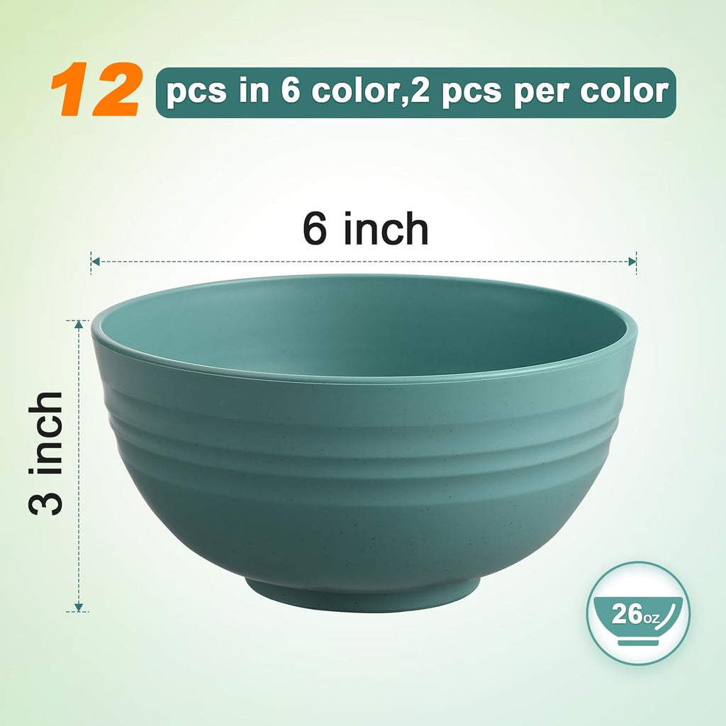 HEYCOME 12 Pcs Unbreakable Cereal Bowls Set, 26 Oz Wheat Straw Bowls Set, Microwave & Dishwasher Safe Rice Bowls for Kitchen, Reusable Plastic Bowls for Soup, Salad and Snack, BPA Free, Multicolor