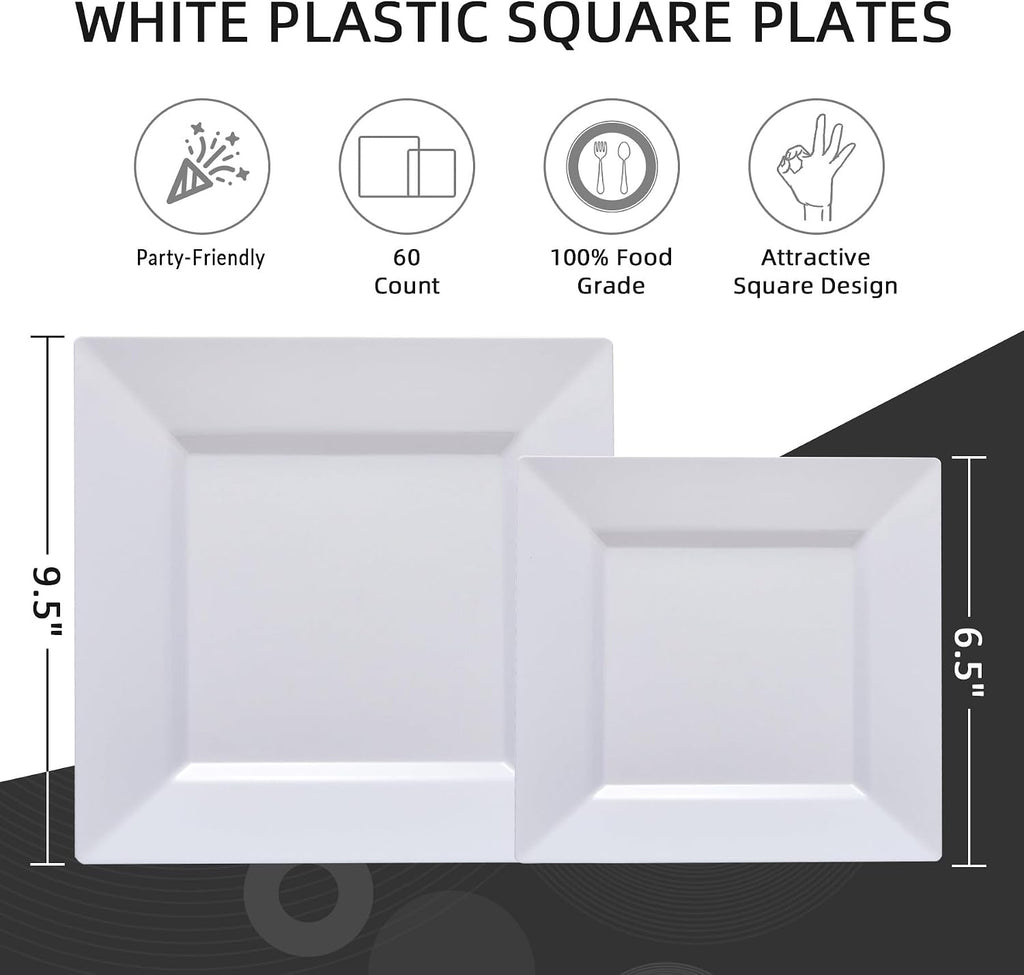N9R 60PCS White Square Plastic Plates, Disposable Plates for Party