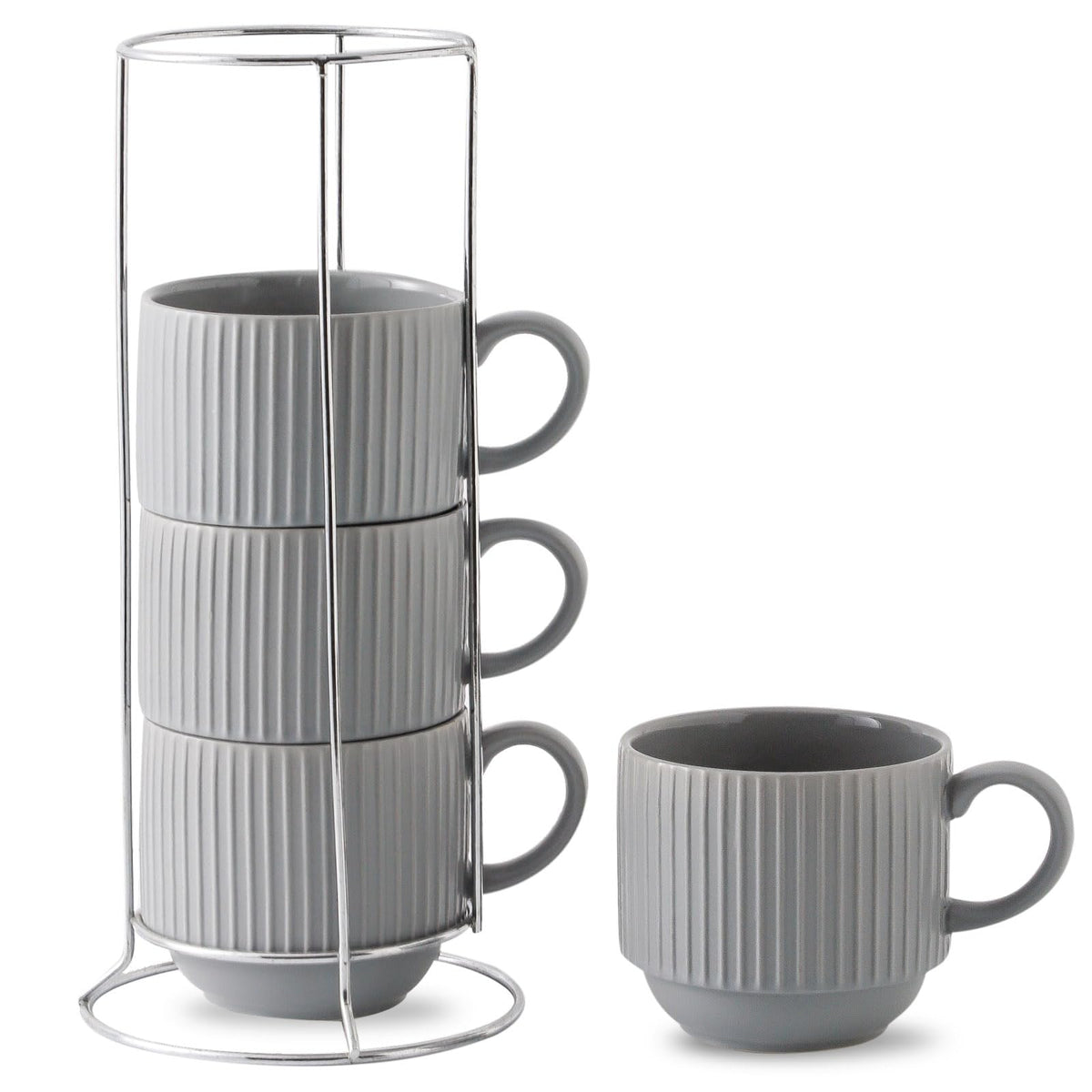 HASENSE Coffee Mug Ceramic Set of 4 with Stand, Stackable Large Latte Cups with Metal Stand, Dishwasher & Microwave Safe, Black for Cappuccino Tea Hot Cocoa