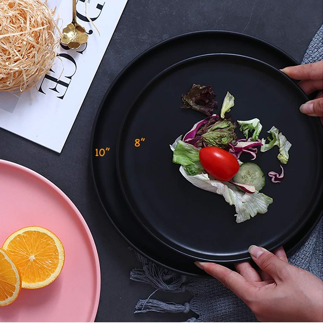Matte Black Porcelain Dinner Plate Set, 8-Inch Modern Round Reusable Lunch & Dessert Plates, 6 Count