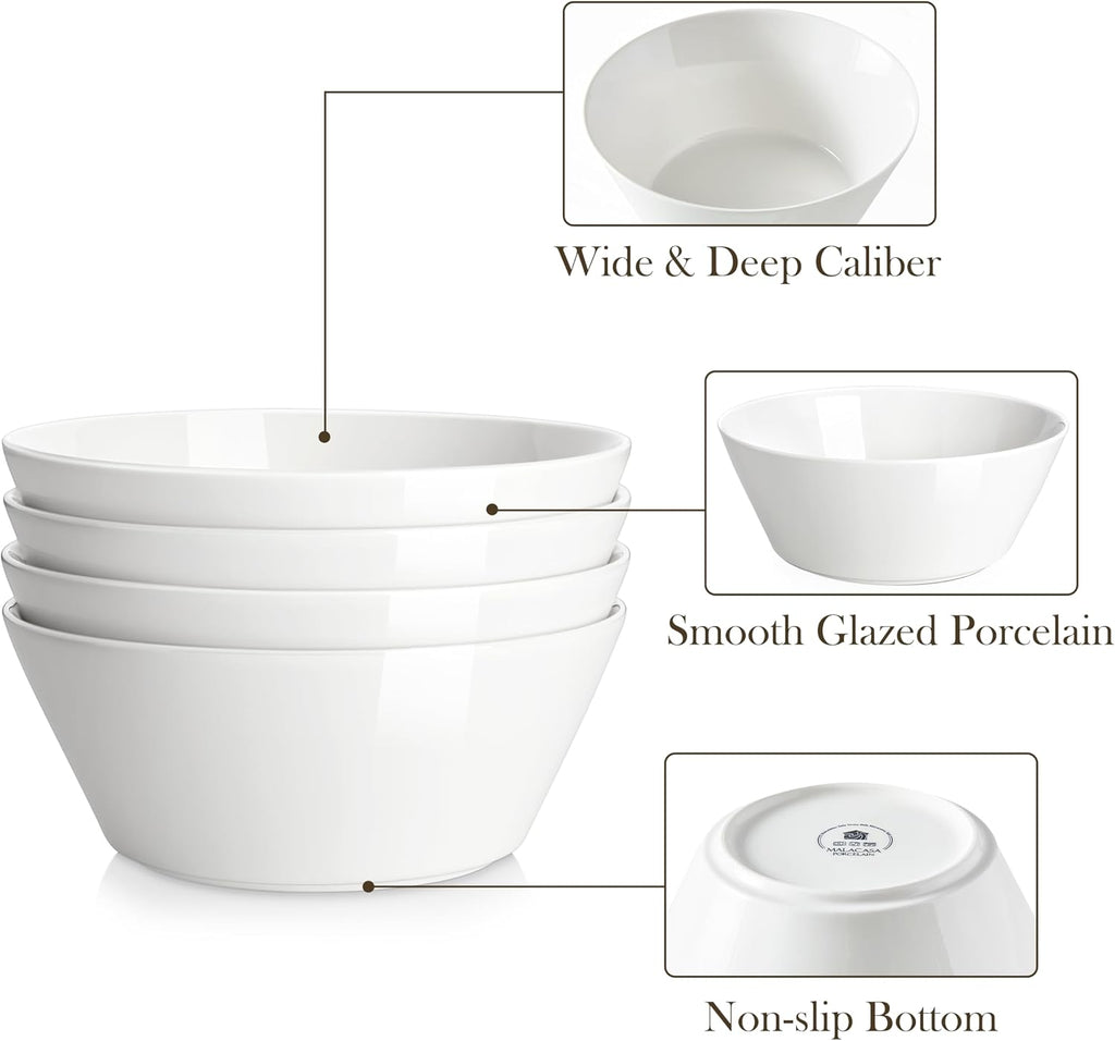 MALACASA 60 OZ Large Salad Soup Bowls Set of 4, White Ceramic Bowls