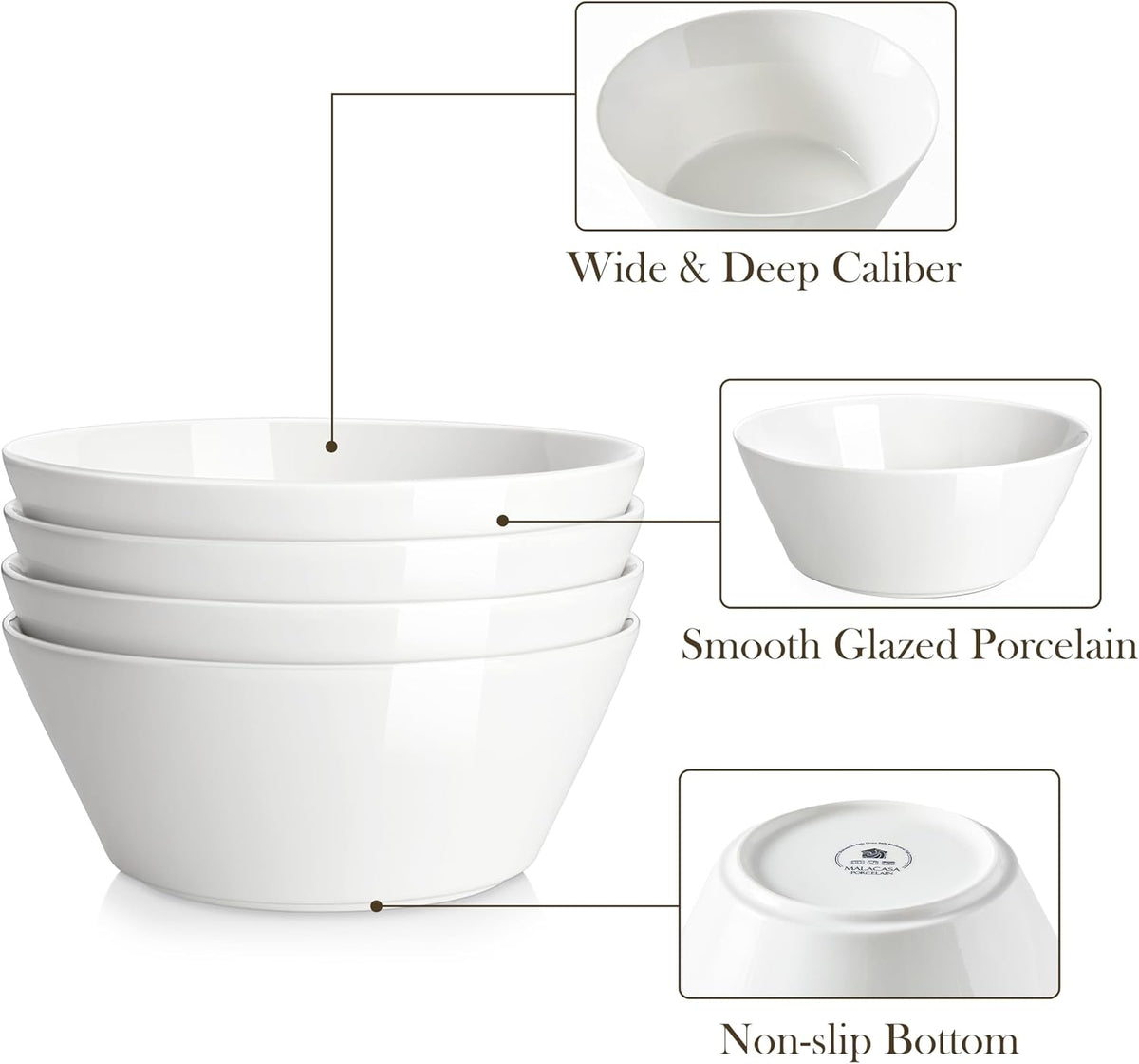 MALACASA 60 OZ Large Salad Soup Bowls Set of 4, White Ceramic Bowls