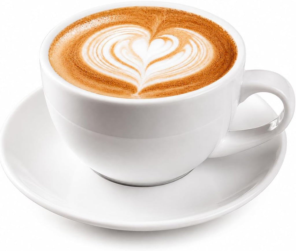 DeeCoo 11 oz White Cappuccino Mug- Large Ceramic Coffee Cup with Saucer - Microwave and Dishwasher Safe, Perfect For Tea, Espresso, Latte - Porcelain Set for Kitchen or Cafe, Baristas, Great Gift